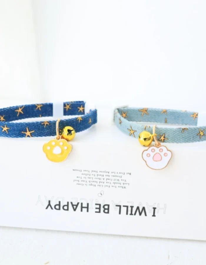 pet collar with bells and safety buckles, cute denim punk style accessories, suitable for cats and dogs