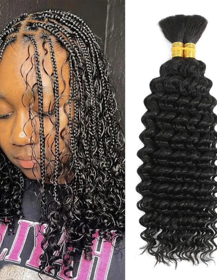 2 Bundles Human Braiding Hair for Boho Braids, 14Inch 100G 10A Brazilian Virgin Deep Wave Bulk Human Hair for Braiding